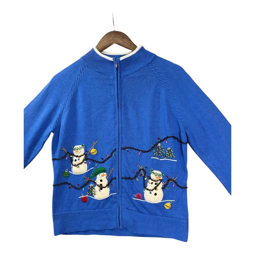 Vtg‎ Dressbarn Womens Christmas Cardigan S Blue Snowman Beaded Knit Ugly Sweater - Picture 7 of 10
